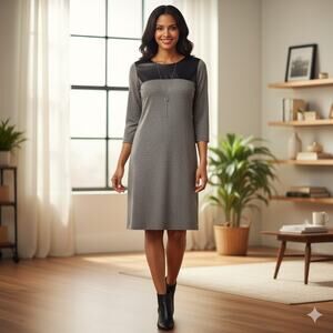 THML · Shift Dress · Knit Lined Faux Leather Accents · Gray Black 3/4 Sleeve· XS